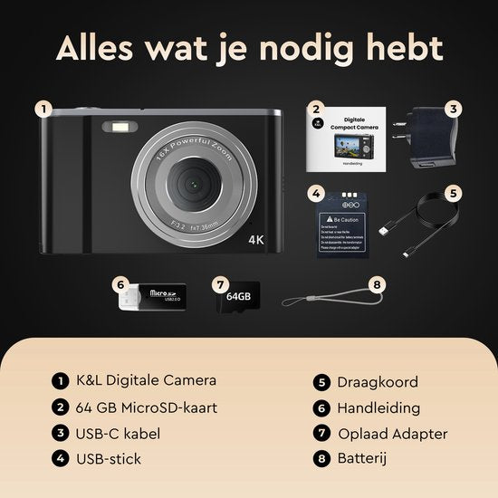 K&L Digital Camera 4K - 64MP - Caméra - Caméra compacte - Caméra Vlog - Pour les enfants - Comprend 64GB - NL Software