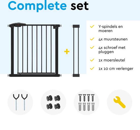 BRASQ Barrière d'escalier sans perçage - Barrière de sécurité - Barrière pour enfants avec extension - 75 à 93 cm - Extensible - Fixation par pince - Métal - Barrière pour chiens - Noir