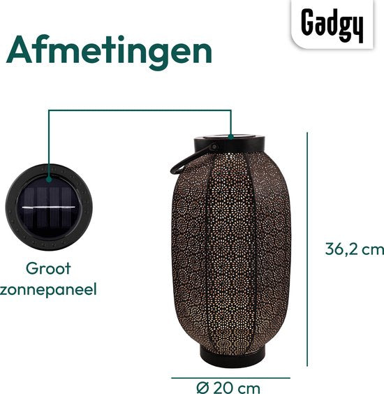 Gadgy Solar Lantaarn Bloem Groot - Solar tuinverlichting op zonneenergie - Led buitenverlichting met dag/nacht sensor - Tafellamp - Tuinlantaarn - Metaal - 36 x Ø20 cm - zwart / goud