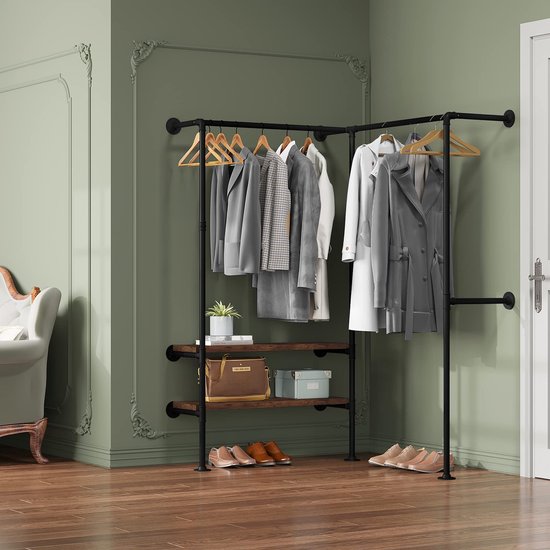 Rootz Armoire d'angle - Penderie - Rangement - Portemanteau - Système de rangement - Buffet - Portemanteau - Noir + grain de bois vintage - 130.5x187x130.5cm