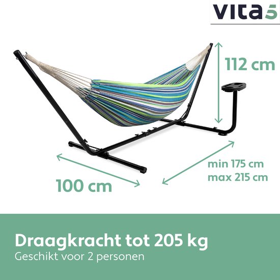 Hamac Vita5 avec support - 2 personnes - Porte-gobelet inclus - 205kg de poids - Vert/Bleu