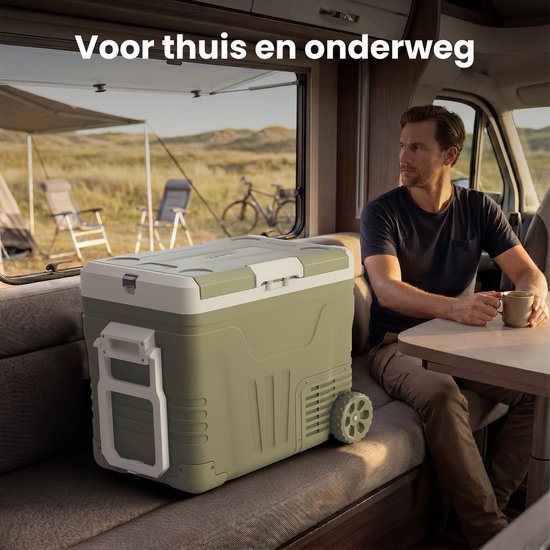 Auronic Electric Cool Box - Compresseur - 2 Zones - 45L - 12/24V et 240V - Réfrigération et congélation - Réfrigérateur de camping - Frigobox Auto - Avec roues et poignée - Vert