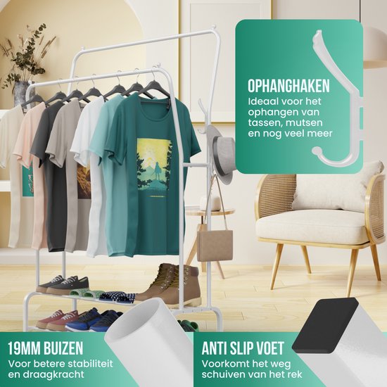 Avalo Rack à vêtements industriel Double Tige - Métal - 110x33x150 CM - Blanc - Rangement pour chaussures - Rack de penderie avec crochets