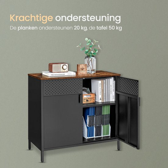 O'DADDY® Meuble de rangement en métal avec portes - Meuble TV - Nombreux rangements et flexibilité - Meuble TV - Buffet - Meuble de rangement intérieur - 80 cm - Noir/Marron vintage