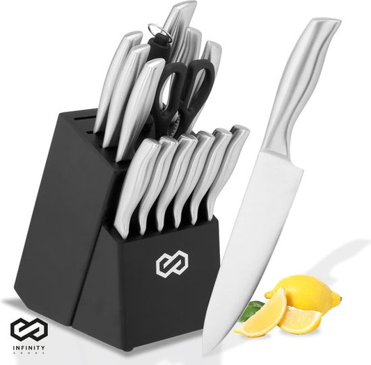 Infinity Goods Set de couteaux - Bloc de couteaux - 16 pièces - avec bloc, aiguiseur de couteaux et ciseaux - résistant aux rayures - acier inoxydable - argent/noir