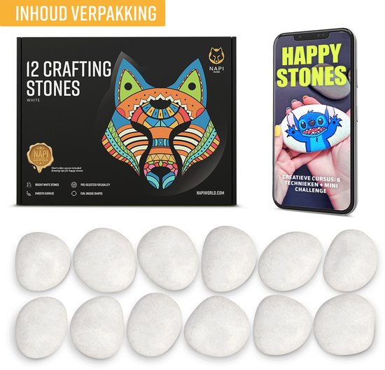 NAPI Happy Stones - 12 galets blancs - Cours inclus : Pierres à peindre - Galets lisses - Paquet - Galets de plage - 4 à 8cm - Blancs