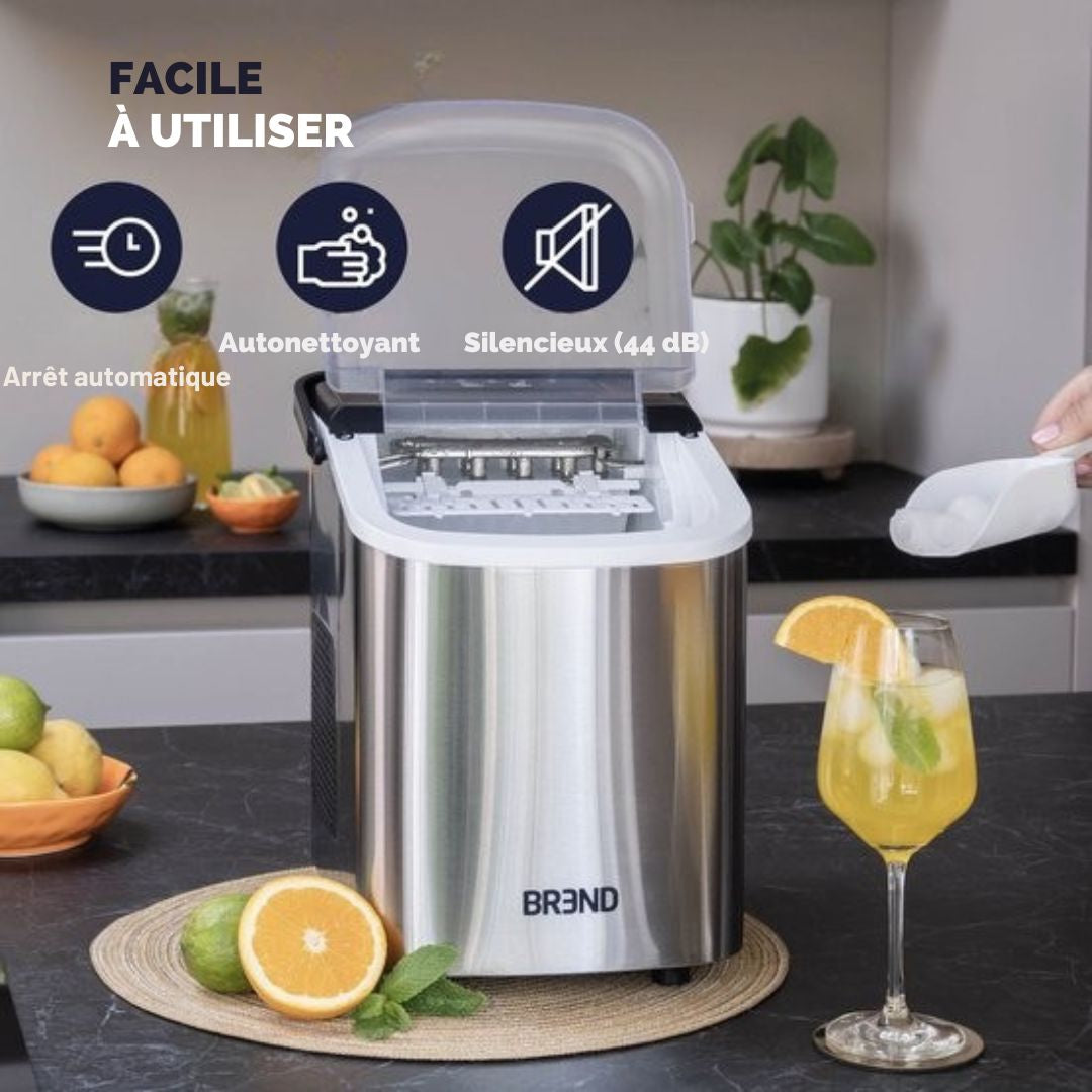 Machine à glaçons BREND - avec cuillère et plateau d'égouttage - Grands L ou petits S glaçons - 10 kg en 24 heures - Argenté