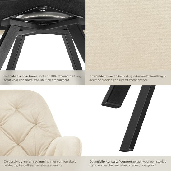 tectake® - Chaise pivotante aspect velours - Chaise de salle à manger avec accoudoirs - Assise et dossier ergonomiques - Pivotant à 180 degrés - Chaise moderne avec pieds en acier - Diverses couleurs - Crème