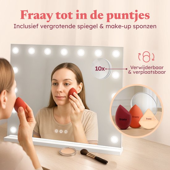 Fraay® Hollywood Mirror with Lighting 60x50cm - 3 Light modes - Make-up Mirror with 10x Magnification Mirror - LED Dots Lighting Dimmable - Incl. 2 Beauty Blenders and Powder puff