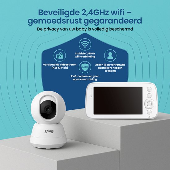 Gologi Baby Monitor avec caméra - Baby Monitor - Baby Camera - Télécommandé via l'application et l'écran - Blanc