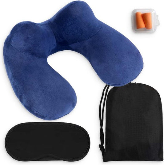 Oreiller cervical gonflable 3 en 1 avec sac de rangement - Oreiller d'avion - Oreiller de voyage - Velours - Forme en U - Masque de sommeil et bouchons d'oreille inclus - Bleu