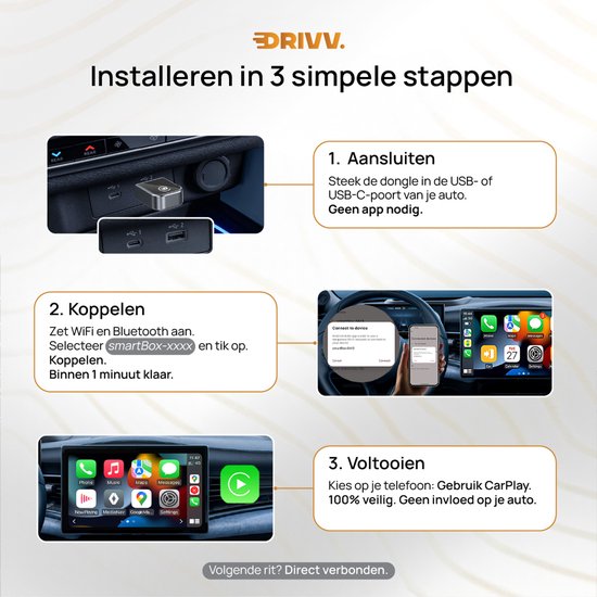 Drivv. Dongle CarPlay 2-en-1 - Connexion USB-C et USB-A - CarPlay sans fil - Noir