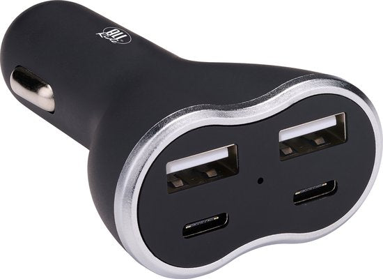 Chargeur de voiture USB All Ride - 2 connexions USB-A et 2 connexions USB-C - Livraison de puissance/charge rapide 18W - Connexion à l'allume-cigarette de la voiture - Plastique - Noir