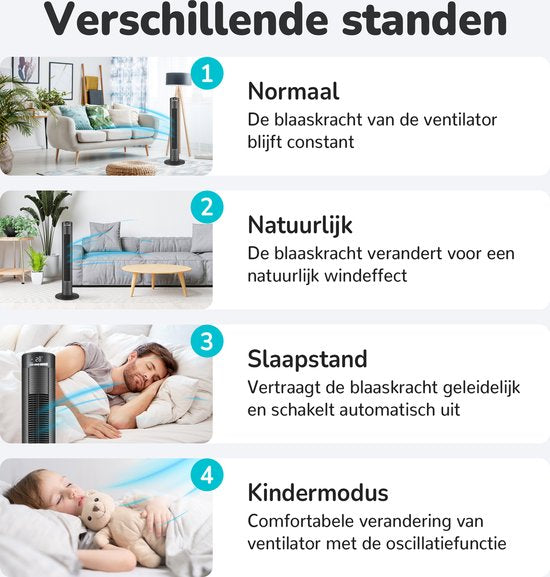 Ventilateur de tour Bloomfold - 38 pouces - Noir - Télécommande - Mode veille - Minuterie 12 heures - Affichage LED complet