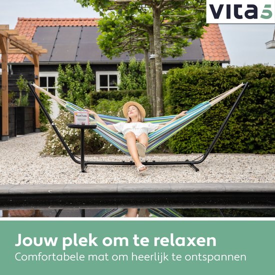 Hamac Vita5 avec support - 2 personnes - Porte-gobelet inclus - 205kg de poids - Vert/Bleu