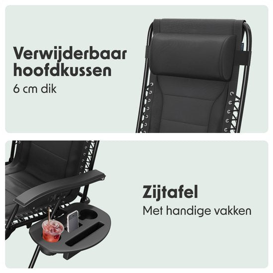 LifeGoods Lounger Comfort - pliable - réglable de 30° à 90° - support pour gobelets et téléphone - chaise de jardin - noir