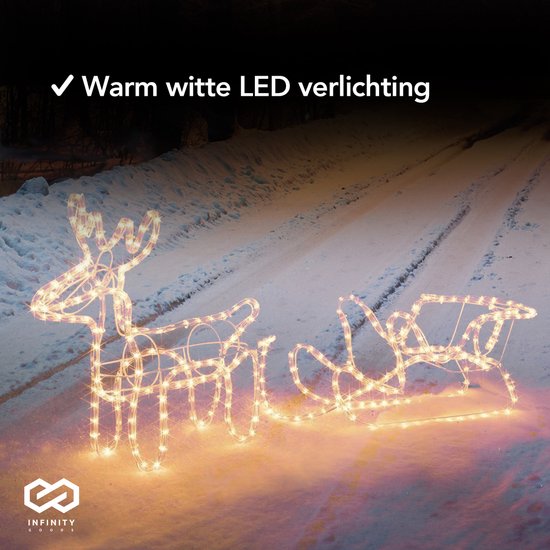 Infinity Goods Renne avec traîneau - Lumières de Noël - Figure LED d'intérieur et d'extérieur - Décorations de Noël - Guirlande lumineuse 3D - Noël - Blanc chaud