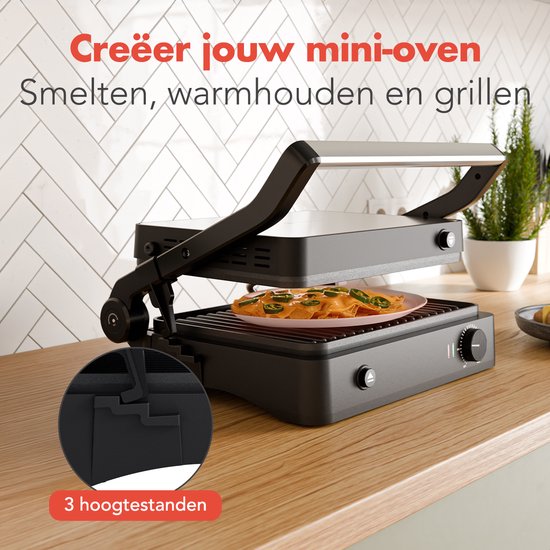 KitchenBrothers Contact Grill - Appareil à griller - Plaques de gril amovibles - Gril à panini - 3 réglages de hauteur - Fer à toasti - 2000W - acier inoxydable