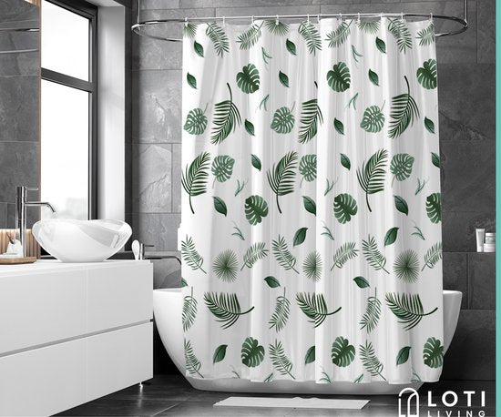 Loti Living Rideau de douche Anti-Moisissure - Feuilles - Anneaux inclus - Imperméable - Polyester - Rideau de douche 180x200 cm