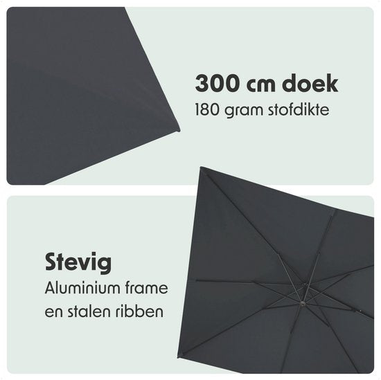 LifeGoods Parasol - 300x300 cm - inclinable - 7 supports - imperméable - avec housse - Anthracite