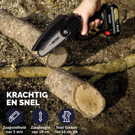 BREND BR-2236 Mini tronçonneuse électrique avec batterie et mallette de rangement - Scie d'élagage sans fil pour les branches et les bûches - 20 min de temps de coupe - Noir