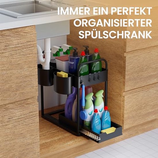 HELDENWERK - Rangement pour évier et cuisine - 2 pièces - plastique ABS noir - coulissant à 2 niveaux - pour cuisine et salle de bain - avec crochets et plateaux - espace de rangement maximal