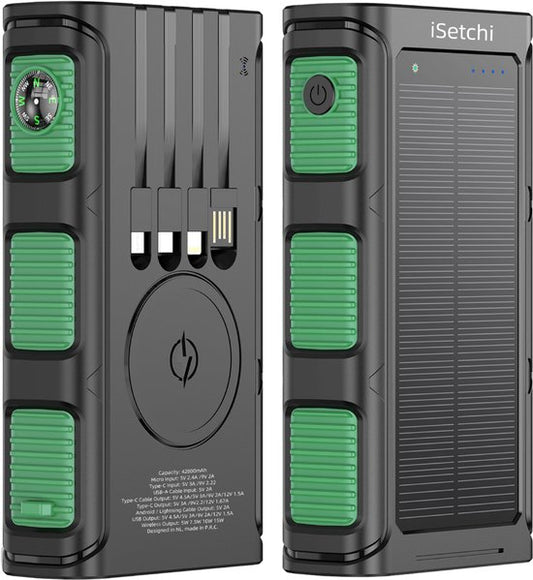 iSetchi Solar Powerbank 42800 mAh - Batterie externe - Pack d'urgence - Alimentation solaire - Chargeur rapide - Avec boussole et câble USB-C - Charge rapide 22,5W - Avec lampe de poche pratique - Vert/Noir