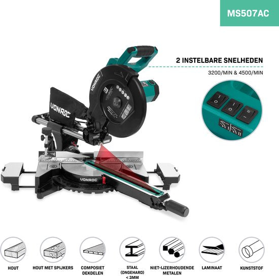 VONROC PRO tronçonneuse - scie d'abattage - scie à onglet - 2200W - Ø255mm - Coupe le bois, le plastique et le métal - Vitesse réglable - Capacité de coupe 340mm - Rallonge de table réglable - Fonction de traction - Inclinable - Butée de longueur - Inclus