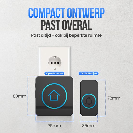 Strex Wireless Doorbell - Récepteur alimenté par le secteur - Portée de 300 m - 60 mélodies - Sans fil - Résistant à l'eau - Noir