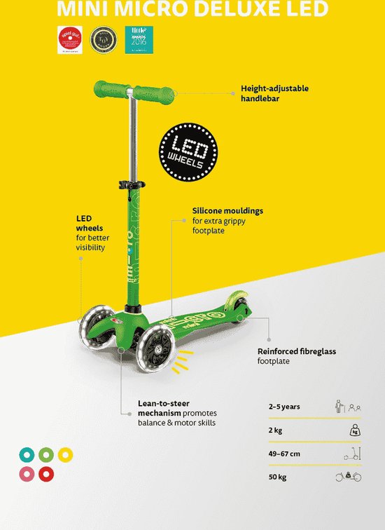 Trottinette pour enfants Mini Micro Deluxe LED lavande - guidon réglable.