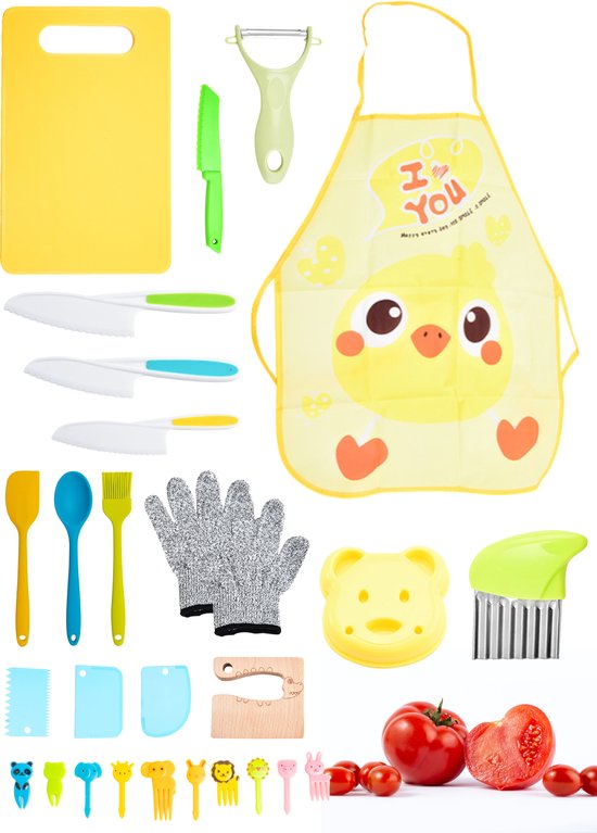 Nuvance - Set de couteaux pour enfants - Set de cuisine 17 pièces - Kiddikutter - Couverts pour enfants avec planche à découper, couteau à éplucher, couteau pour enfants, coupe-frites et tablier de cuisine - Kiddicutter - Cuisine pour enfants - Ustensiles