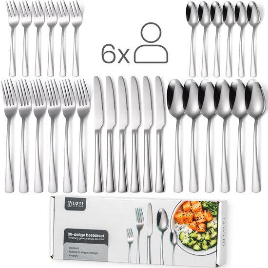 Loti Living Set de couverts 30 pièces - 6 personnes - Set de couverts 6 personnes - Cuillères, couteaux, fourchettes, fourchettes à gâteau - Couverts lavables au lave-vaisselle - Acier inoxydable de haute qualité - acier inoxydable