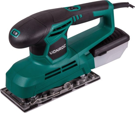 Ponceuse orbitale VONROC 240W - 90x187mm - Avec bac de récupération des poussières et 12 morceaux de papier de verre
