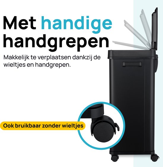 MOA Poubelle avec capteur - 68 litres - Poubelle - Acier inoxydable et ABS durable - Antidérapant - Couvercle silencieux - Mode de fermeture différée - Noir - SB03B