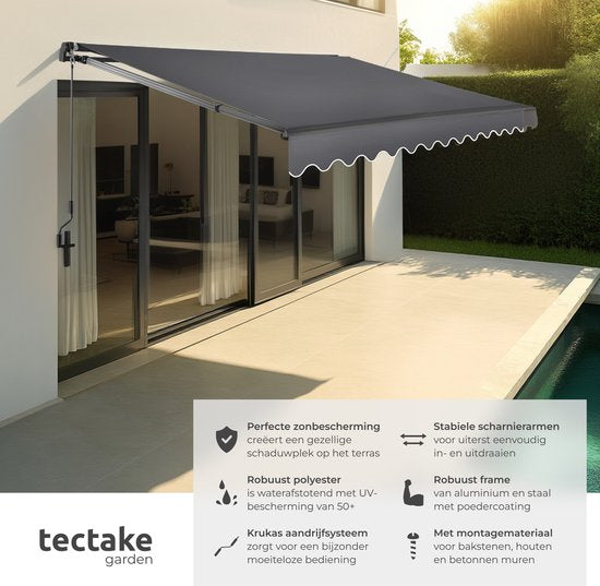 tectake® Sunshade with Articulated Arm - 300 x 250 cm - Store - Protection solaire pour fenêtre, balcon, extérieur - Fixation murale - Résistant à l'eau et aux UV - Gris foncé