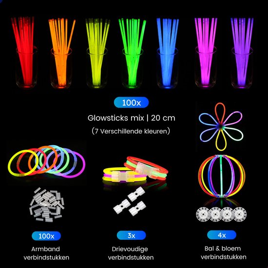Partizzle 100 pièces bâtons phosphorescents avec connecteurs - Bâtons phosphorescents pour le réveillon du Nouvel An 2025 - Néon / Articles de fête de carnaval Bâtons d'éclatement - Décorations d'anniversaire et de Nouvel An - 7 couleurs
