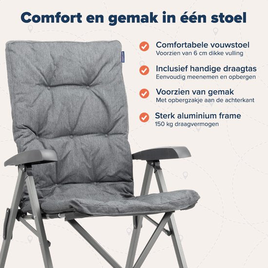 TRVLMORE Chaise de camping - Sac de transport inclus - Chaise pliante confortable - Capacité de charge de 150 kg - Chaise de camping - Rangement - Chaise pliante - Gris