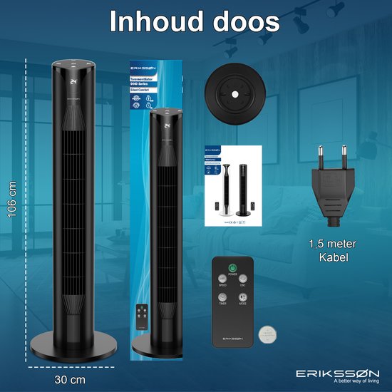 Ventilateur de tour Erikssøn - Silent Comfort Series - Ventilateur sur pied avec télécommande - Minuterie - 3 vitesses - 55W - 39 dB - 106cm - Efficace sur le plan énergétique - Ventilateur de refroidissement pour la pièce - Noir