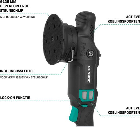 VONROC PRO Polisseuse excentrique 20V - Ø 125mm - Moteur sans balais - 7 vitesses (2000-5000/min) - Démarrage progressif - Comprend un patin d'appui - Comprend une batterie et un chargeur rapide.