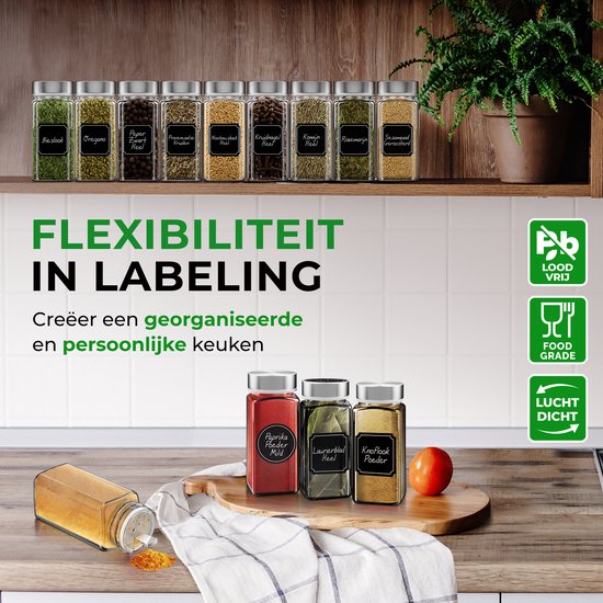 Soothe 24 pots à épices carrés en verre avec couvercle en acier inoxydable - 2 types de couvercles à saupoudrer - Spice Spreader - pots à épices - Set complet avec stickers à épices, stick à craie et accessoires - 120ml