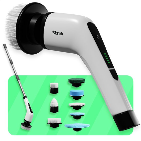 Skrub Electric Cleaning Brush - Brosse à récurer avec manche pour la salle de bain - 8 accessoires