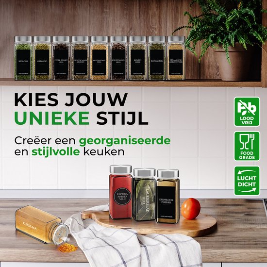 Soothe 24 pots à épices carrés en verre avec couvercle en acier inoxydable - 2 types de couvercles à saupoudrer - Spice Spreader - pots à épices - Set complet avec stickers à épices, stick à craie et accessoires - 120ml