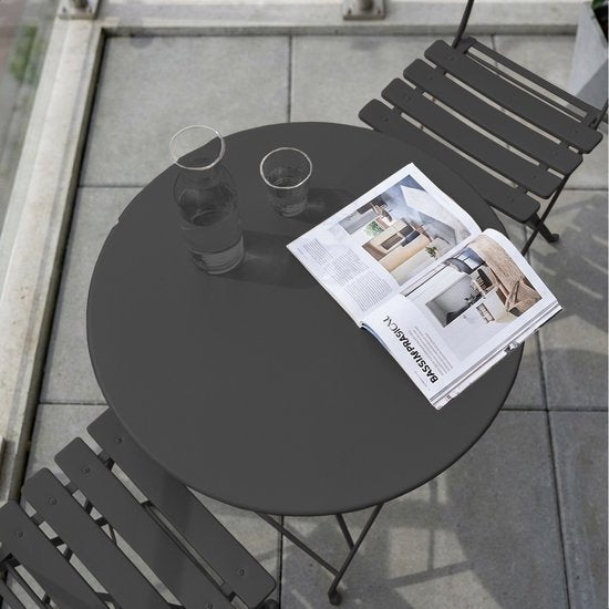 LifeGoods Set Bistro - Acier - 3 pièces - Set de jardin - Pliable - Set de balcon avec table - Résistant aux intempéries - Gris foncé