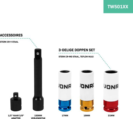 Clé dynamométrique VONROC ½" - 470mm - 28-210Nm - Comprend un jeu de 3 douilles, une rallonge et un réducteur/adaptateur