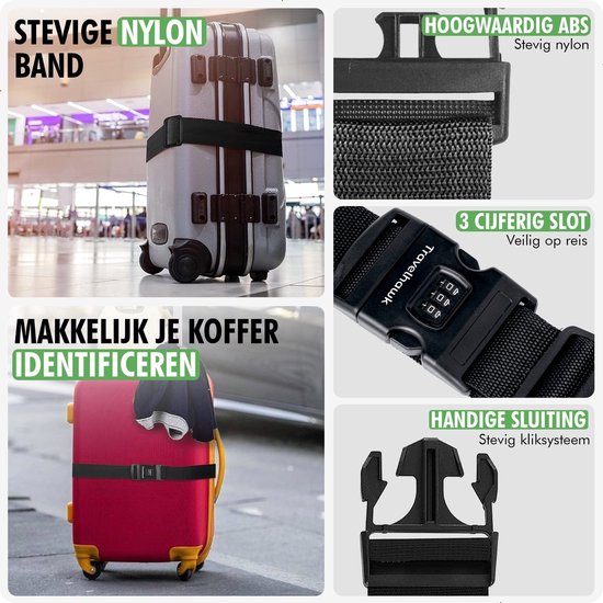 Travelhawk Luggage Strap with Number Lock - 1 Piece - Luggage Strap - Luggage Straps - Adjustable - 180 Centimetres - Extra Security - Travel - Green