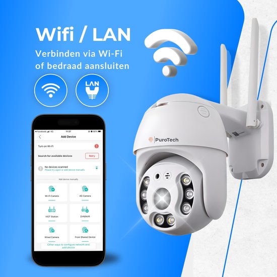PuroTech Security Camera Core - Caméra extérieure avec vision nocturne - Caméra de sécurité extérieure filaire - Rotative et inclinable - Avec Wifi et app - 3MP - Blanc