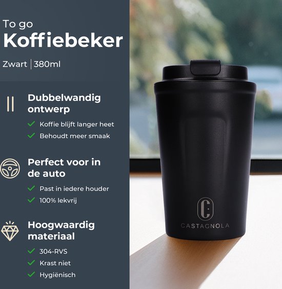 Mug thermos Castagnola - Tasse à café à emporter - Mug de voyage pour le café et le thé - Mug à thé - 380 ML - acier inoxydable - Noir