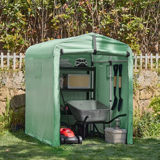 SoBuy KLS11-GR Abri de jardin, abri de jardin extérieur, étanche, abri moteur avec crochets, garage pour vélo et outils, abri vélo, rangement et stockage, vert, 120 x 176 x 163 cm