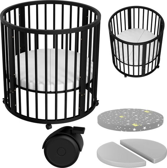 Flowsense Baby Box - Parc pour enfants rond - Parc pour enfants - Avec matelas - Hauteurs réglables - Roulettes - Noir