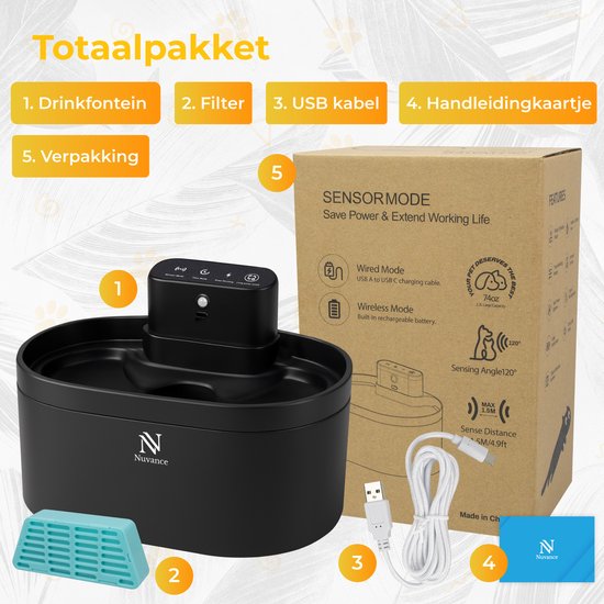 Nuvance Drinking Fountain Cat - Fontaine à eau 2.2L - avec capteur - filtre inclus - fontaine à chat silencieuse et automatique - sans fil